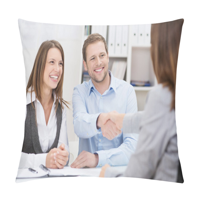 Personality  Smiling Young Man Shaking Hands With An Agent Pillow Covers