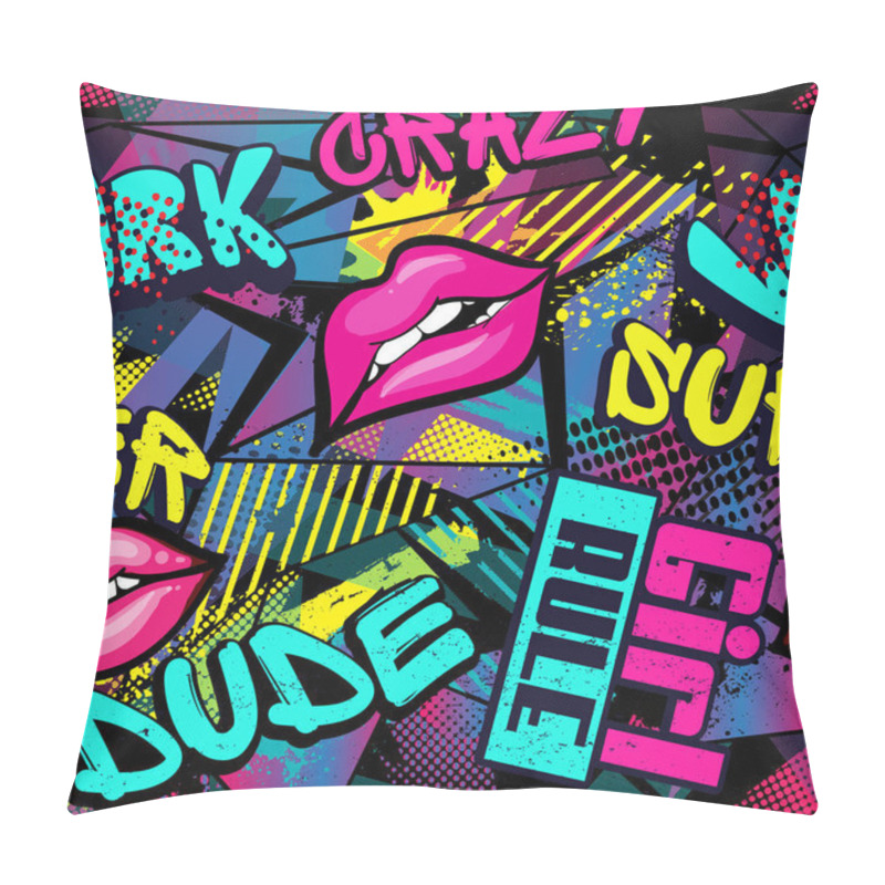 Personality  Abstract Seamless Fashion Print With Lips And Slogan. Repeated Graffiti Pattern For Textile, Sport Clothes, Wrapping Paper, T-shirts, Web. Pillow Covers