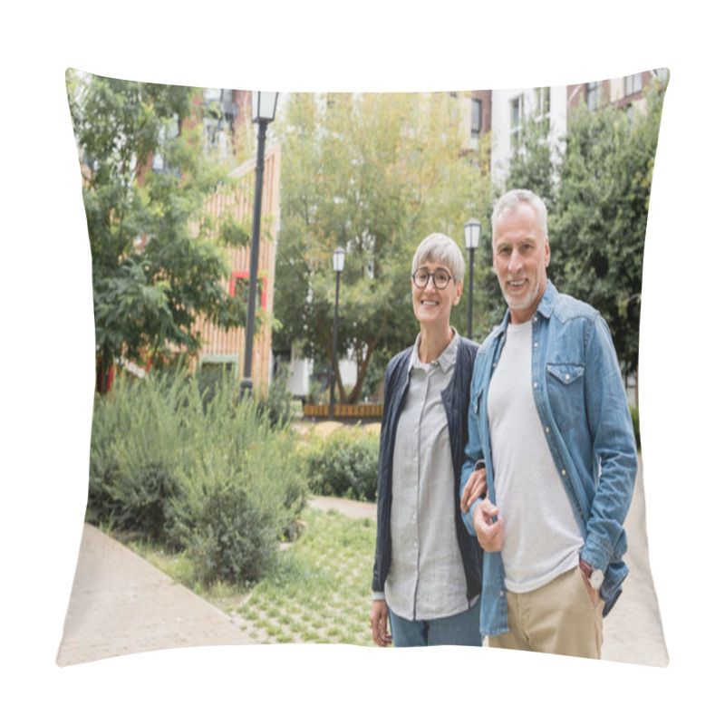 Personality  Mature Man And Smiling Woman Looking At Camera Outside  Pillow Covers