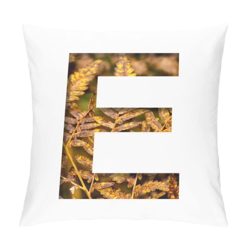 Personality  The Letter E Is Cut From White Paper With Autumn Fern Leaves Background, Late Autumn Font Or Alphabet. Collection Of Decorative Fonts. Pillow Covers