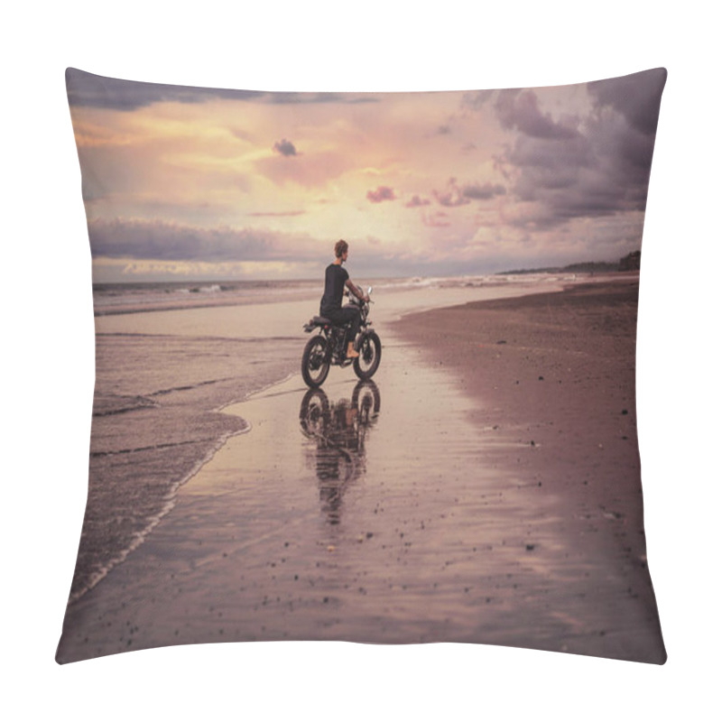 Personality  Side View Of Man Riding Motorbike On Seashore Pillow Covers