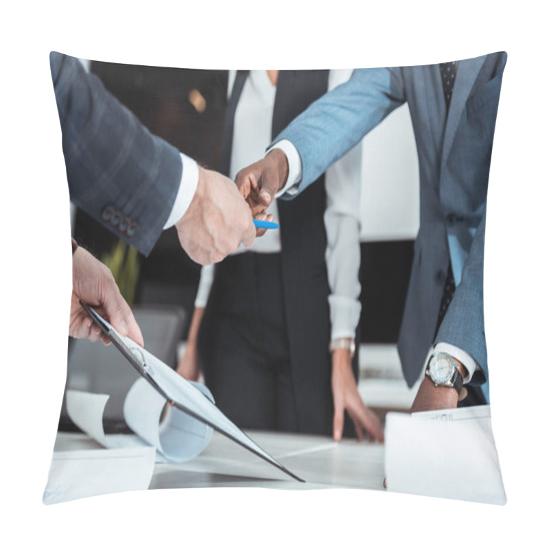 Personality  Cropped View Of African American Man Taking Pen Near Partner Holding Clipboard Pillow Covers