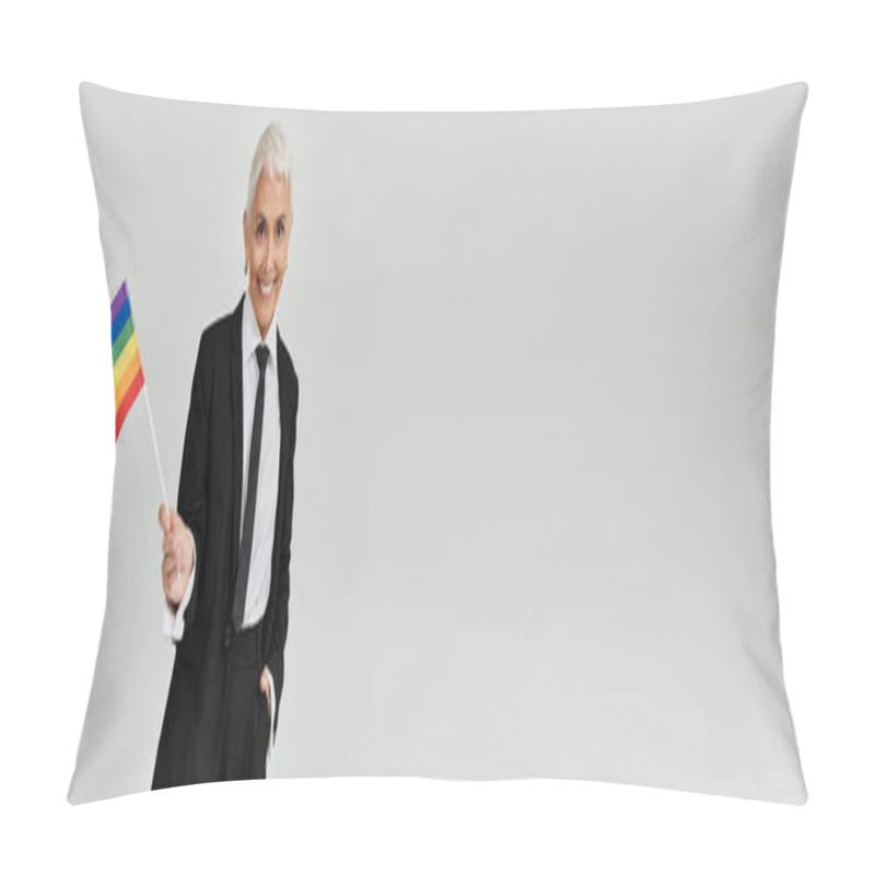 Personality  Charming Individual Proudly Waves A Rainbow Flag, Showcasing Stylish Confidence. Pillow Covers