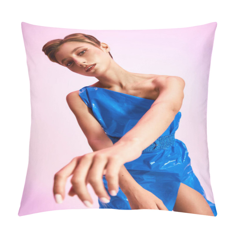 Personality  A Woman Poses In A One-shoulder Dress Made From Recycled Materials. Pillow Covers