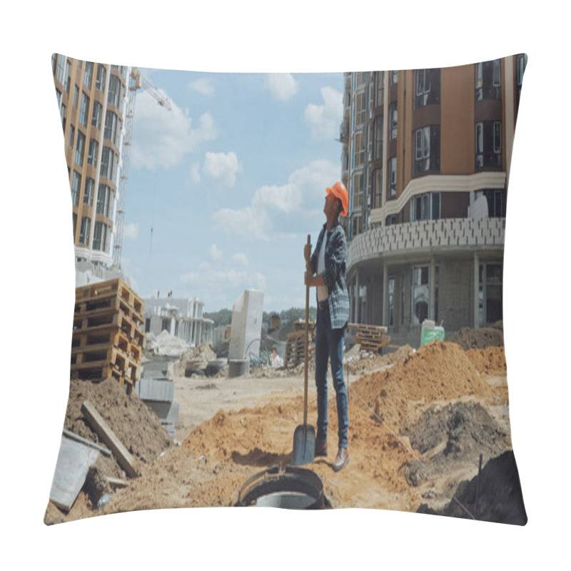 Personality  Middle Aged Builder In Hard Hat Holding Shovel On Construction Site Pillow Covers