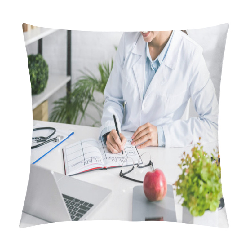 Personality  Cropped View Of Happy Doctor Writing Meal Plan In Notebook  Pillow Covers