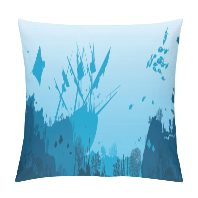 Personality  Underwater Panorama Illustration With Fishes And Underwater Plants Silhouettes. Hand-drawn Undersea Landscape. Horizontal Banner. Vector Cartoon Game Background Of Underwater World. Pillow Covers