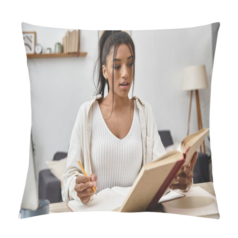 Personality  A Focused Young Woman Studies Remotely, Reading A Book While Taking Notes At Her Cozy Home Desk. Pillow Covers