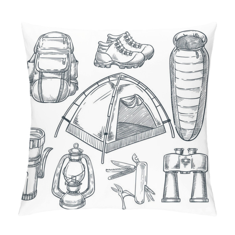 Personality  Camping And Hike Items Set. Vector Hand Drawn Sketch Illustration. Camp Stuff Design Elements Isolated On White Background. Pillow Covers