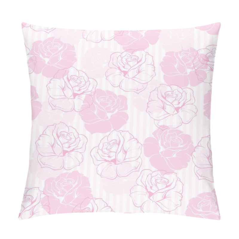 Personality  Seamless Retro Vector Floral Pattern With Elegant Pink Roses On Sweet Candy Pink And White Stripes Background. Pillow Covers