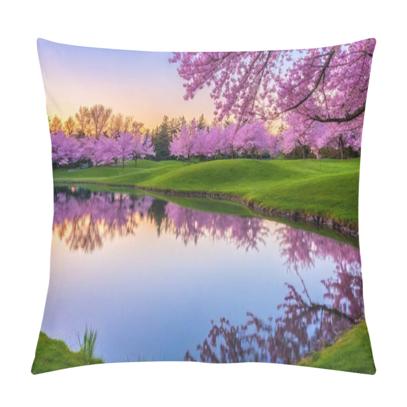 Personality  Petals In The Wind: A Soft Breeze Carries Petals From A Field Of Blooming Cherry Blossoms Under A Luminous Pastel Sky. The Stillness Of A Reflective Pond Captures The Harmony Of Earth And Sky. Pillow Covers