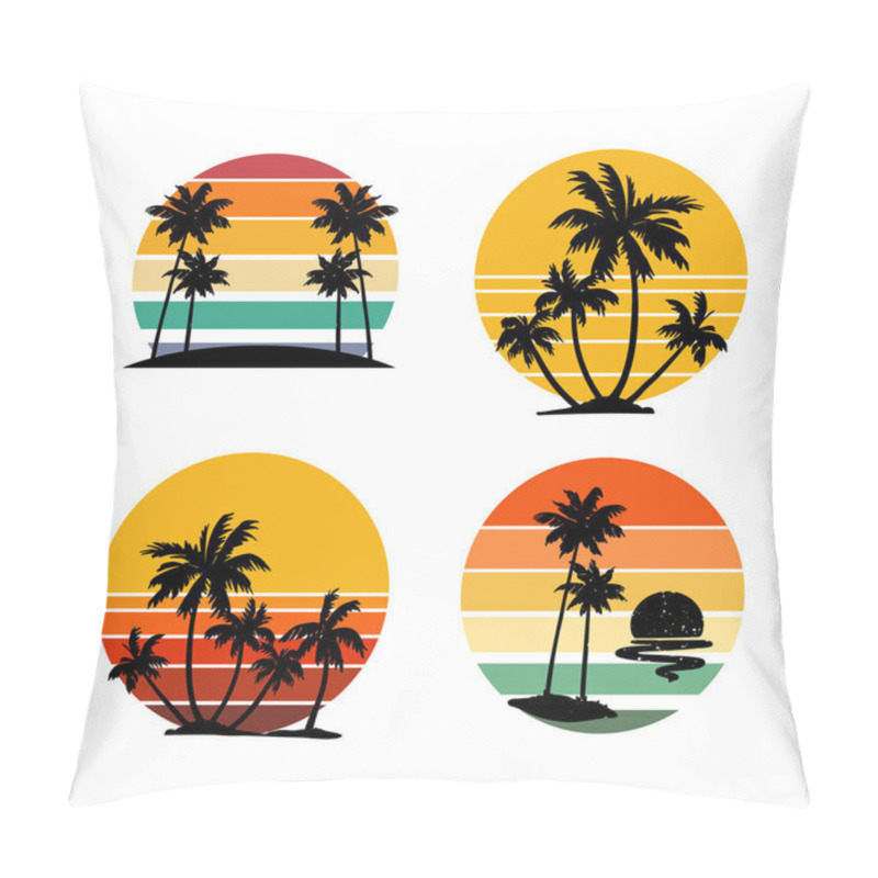 Personality  A Collection Of Retro Sunsets In The Style Of The 80s And 90s. Abstract Background With A Sunny Gradient. Silhouettes Of Palm Trees. Vector Design Template For Logo, Badges. Isolated White Background. Pillow Covers