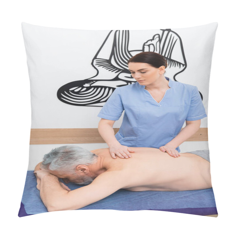 Personality  Masseuse Doing Back Massage To Middle Aged Man In Clinic Pillow Covers