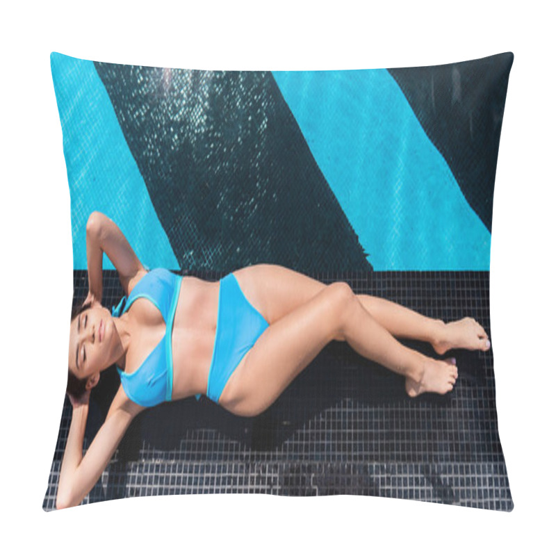 Personality  Top View Of Beautiful Girl In Blue Bikini Relaxing At Poolside Pillow Covers