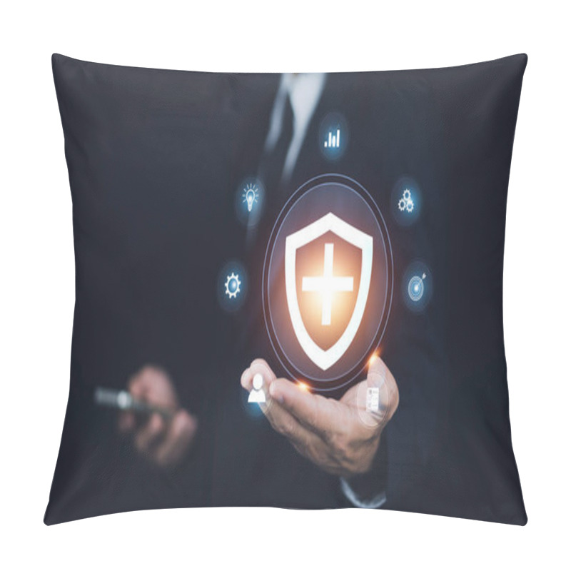 Personality  Businessman Touching On Insurance Icon For Insurance Concept. Pillow Covers