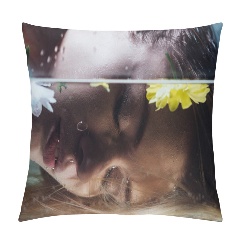 Personality  Close Up Of Beautiful Girl Posing Over Water With Flowers Pillow Covers