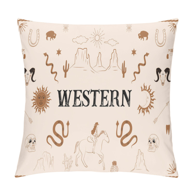 Personality  Western Poster With Desert Landscape, Western Animals, Cowgirl, Horses, Wild West Elements, Cactus. Editable Vector Illustration. Pillow Covers