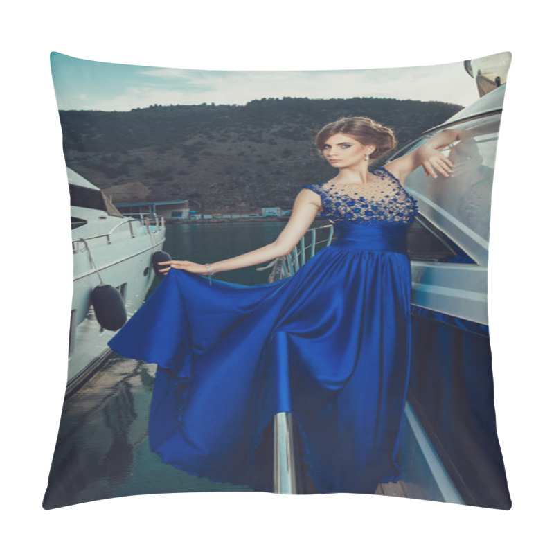 Personality  Beautiful Young Sexy Girl In A Dress And Makeup, Summer Trip On A Yacht With White Sails On The Sea Or Ocean Pillow Covers