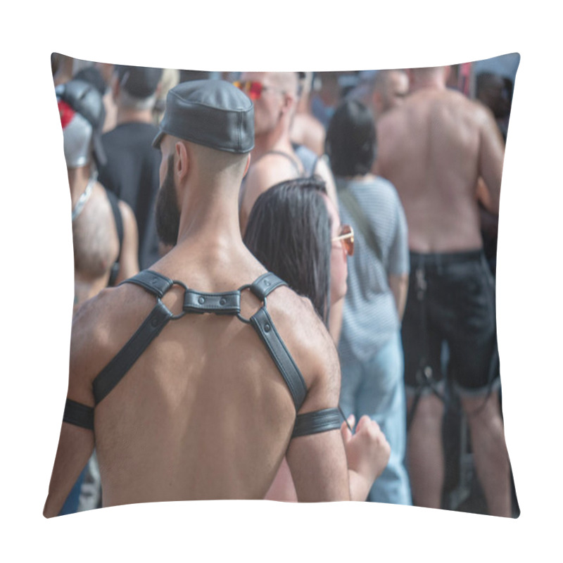 Personality  Muscular Male With Black Leather Hat And BDSM Harness And Beard Walks At Outdoor Festival Pillow Covers