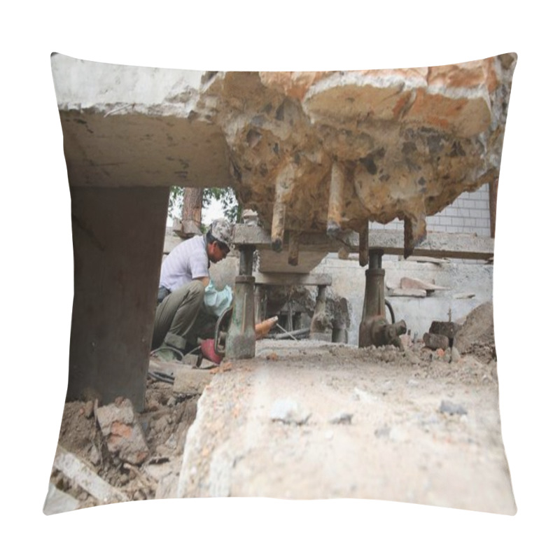 Personality  A Chinese Worker Reinforces The Four-storey Building's Foundation Through Welding Steel Bars And Pouring Concrete After Moving The Building 10 Meters Horizontally To Give Way For A Railway Line In Duji District Of Huaibei City, East China's Anhui Pro Pillow Covers