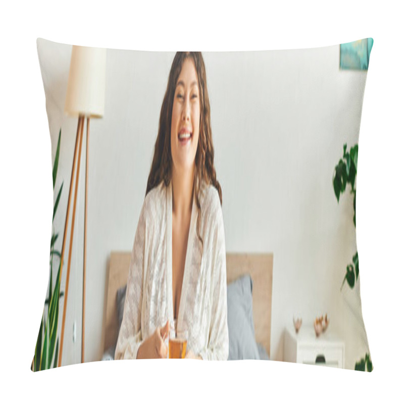 Personality  A Young Beautiful Plus Size Woman Sits Comfortably, Smiling And Sipping Tea In Her Inviting Bedroom. Pillow Covers