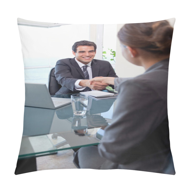 Personality  Portrait Of A Manager Interviewing A Female Applicant Pillow Covers