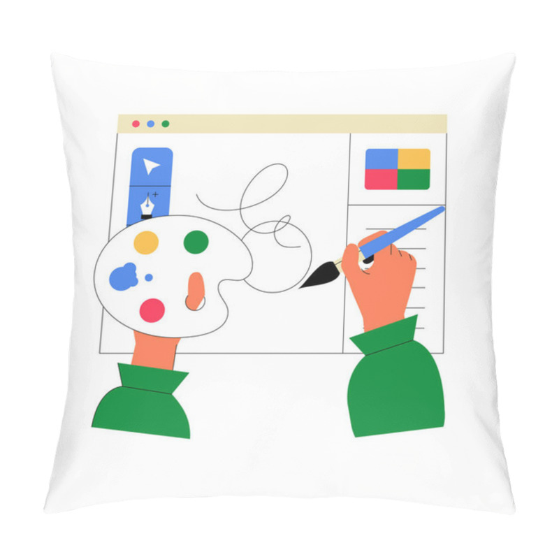 Personality  An Artist Palette And Hand Drawing On A Digital Canvas, Representing Creativity, Online Art Tools, And Graphic Design In A Flat Vector Style. Pillow Covers