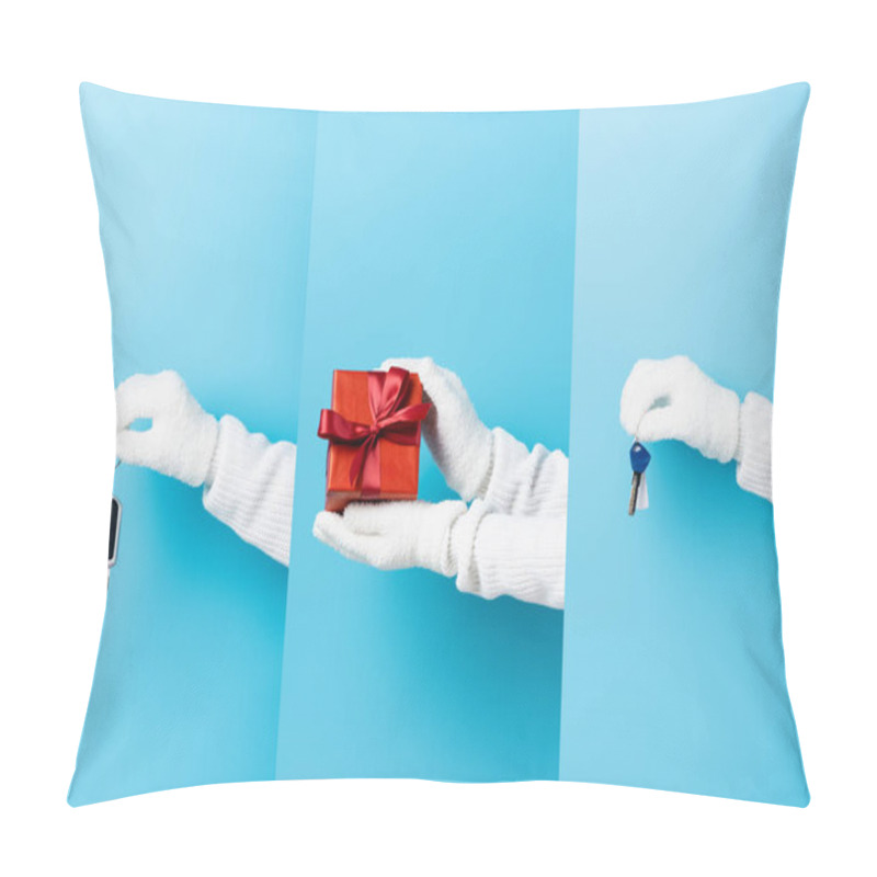 Personality  Collage Of Woman In White Gloves Holding Present And Keys On Blue Pillow Covers