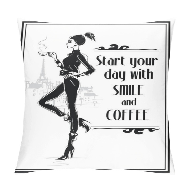 Personality  The Girl In Style Sketch Sits In A Chair And Relaxes With A Cup Of Coffee. Pillow Covers