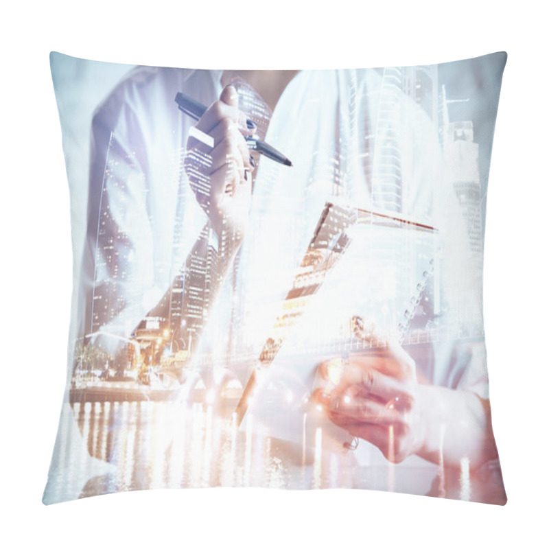 Personality  Close Up Of Female Hands Holding Spiral Notepad And Pen On Creative Night City Background. Paperwork Concept. Double Exposure Pillow Covers