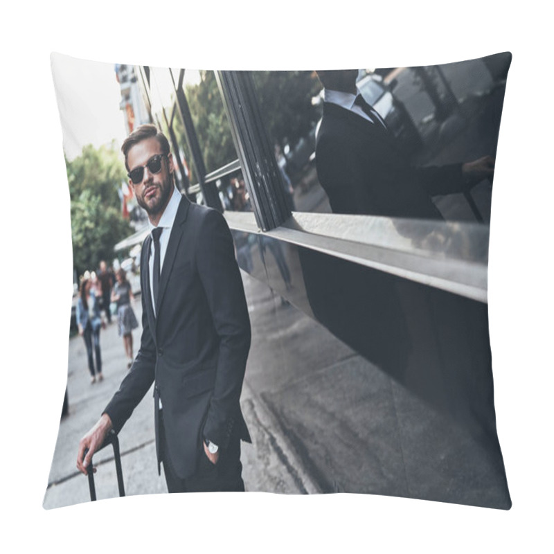 Personality  Confident And Successful Man In Full Suit Keeping Hand In Pocket While Standing Outdoors Pillow Covers