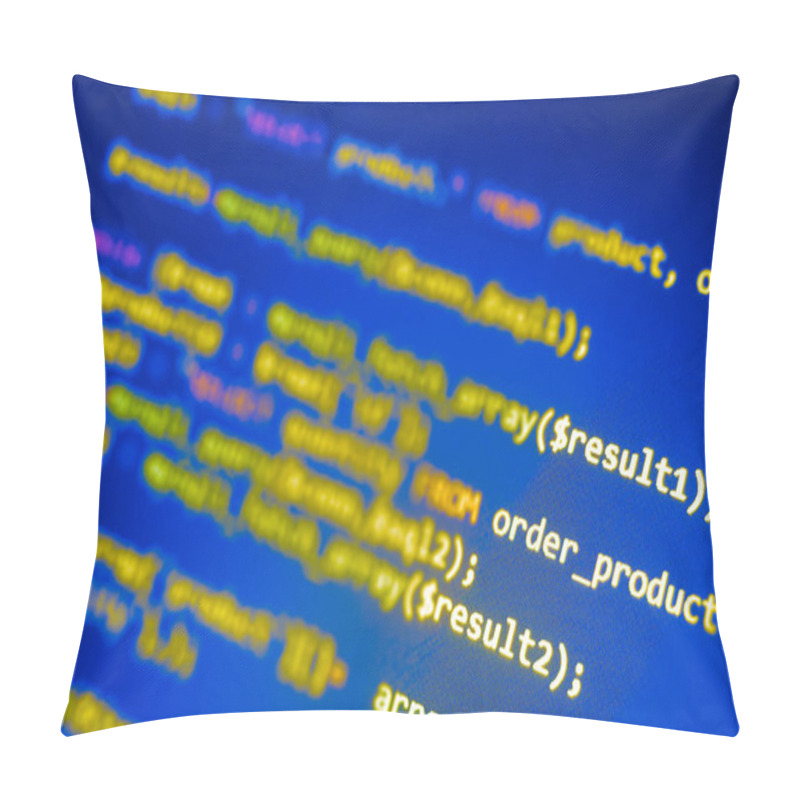 Personality  Programming PHP On Laptop Computer Screen. Web And Backend Software Development With PHP Language. Blue Monitor And Window. Source Function Code Pillow Covers