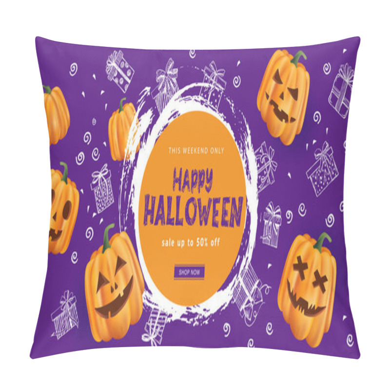 Personality  Halloween Sale, Pumpkins, Bat. Hand Drawn Illustration. Vector. Pillow Covers