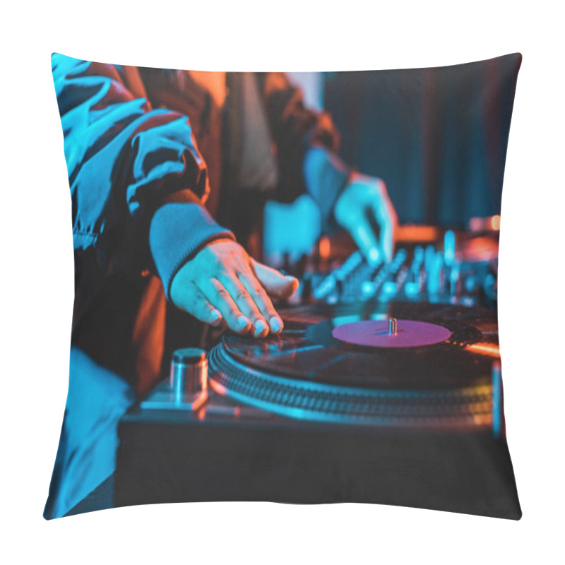 Personality  Selective Focus Of Dj Woman Touching Vinyl Record In Nightclub Pillow Covers