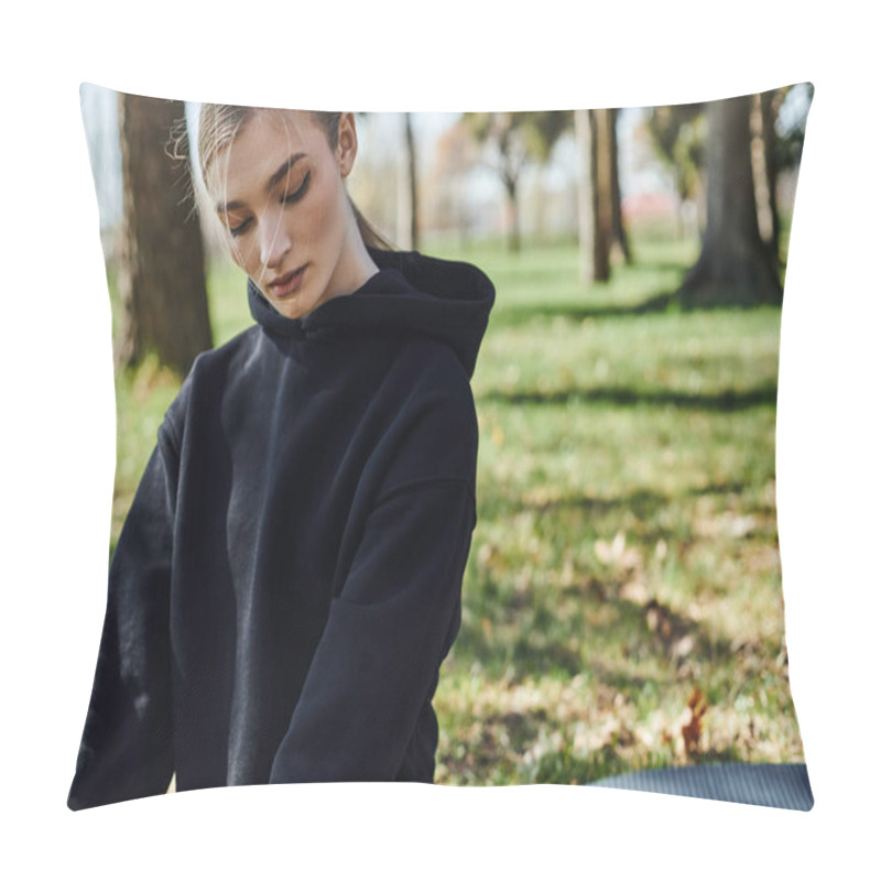 Personality  Portrait Of Sportive Young Woman In Black Hoodie Exercising In Green Park, Nature And Sport Pillow Covers