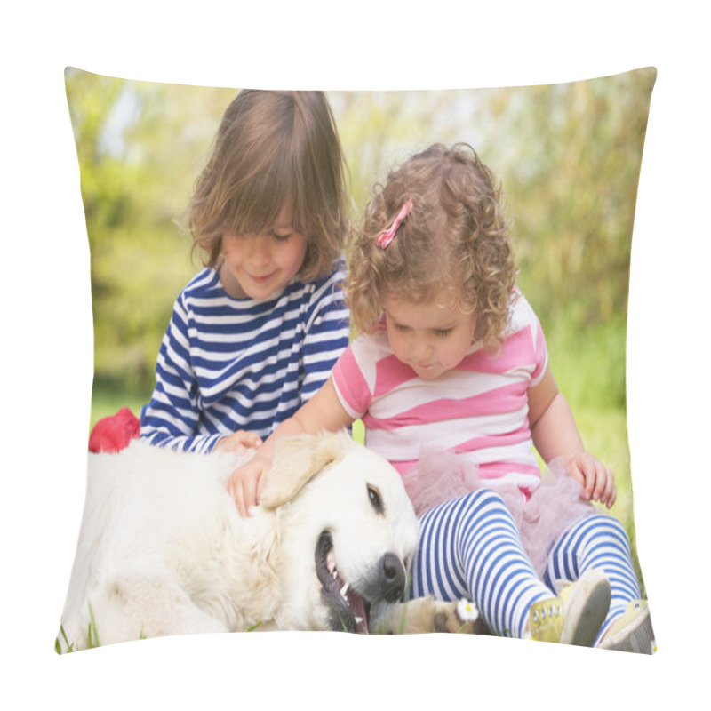 Personality  Two Children Petting Family Dog In Summer Field Pillow Covers