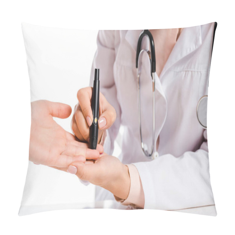 Personality  Cropped Image Of Doctor Measuring Patient Level Of Glucose In Blood With Glucometer Isolated On White, Diabetes Concept Pillow Covers