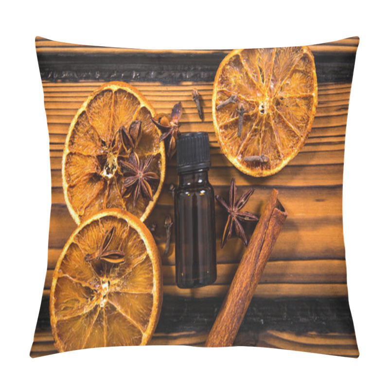 Personality   Winter Essential Aroma Oil Concept. Flat Lay View Of Various Spices: Cinnamon Stick, Clove, Star Anise, Dried Orange Slices Around Small Brown Medical Oil Bottle. Pillow Covers