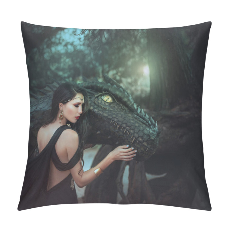 Personality  Fantasy Woman Evil Dark Queen Witch Hugs Dragon, Touching With Hands Head. Girl Mistress Tamed Monster, Concept Of Dominance Control. Black Dress Open Sexy Back, Fashion Model, Golden Jewelry Diadem Pillow Covers