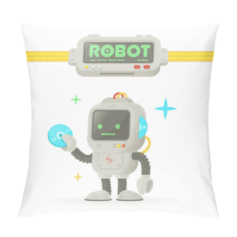 Personality  Vintage Comic Retro Computer Tv Robot With Compact Disc Data Driver In His Hand With Pager Logo Gadget Template Vector Illustration Isolated On White Pillow Covers