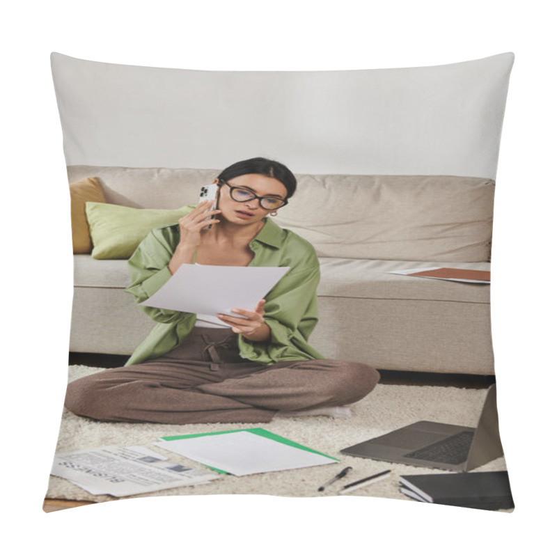 Personality  Woman In Casual Attire Chats On Cell Phone While Sitting On Floor. Pillow Covers