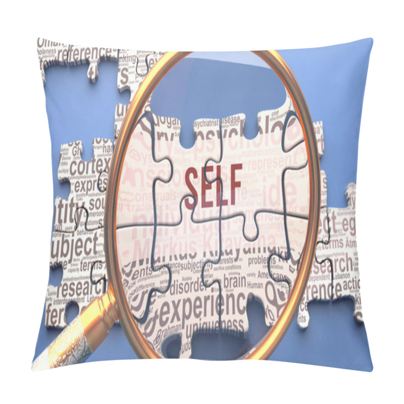 Personality  Self As A Complex And Multipart Topic Under Close Inspection. Complexity Shown As Matching Puzzle Pieces Defining Dozens Of Vital Ideas And Concepts About Self,3d Illustration Pillow Covers