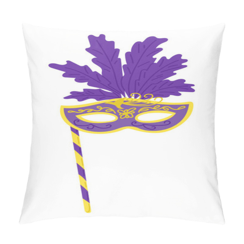 Personality  Bright And Elegant Carnival Mask With Purple And Yellow Details, Ornate Patterns, And Decorative Feathers Attached To A Striped Stick, Perfect For Masquerades And Festive Celebrations. Pillow Covers