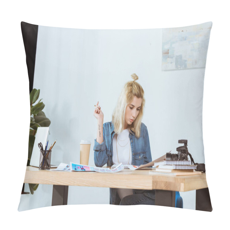 Personality  Portrait Of Thoughtful Photographer Looking At Photoshoot Examples At Workplace In Office Pillow Covers