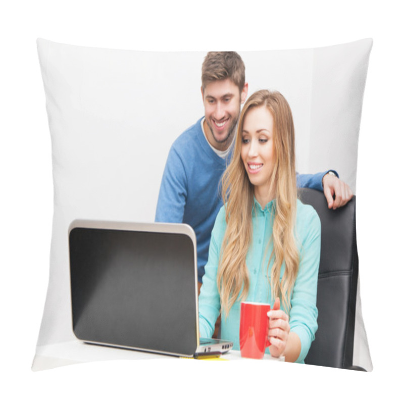 Personality  Young Couple Working With Laptop Pillow Covers