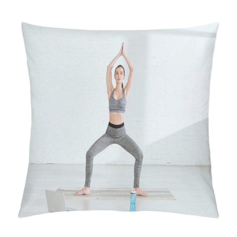 Personality  Young Woman In Sportswear Practicing Yoga In Goddess Pose With Raised Prayer Hands Pillow Covers