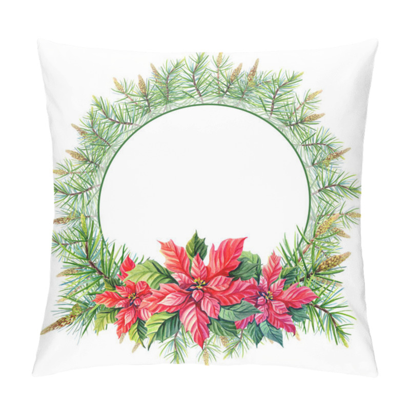 Personality  Watercolor Merry Christmas Wreath With Red Poinsettia Flowers, Pine,spruce On White Background. Pillow Covers