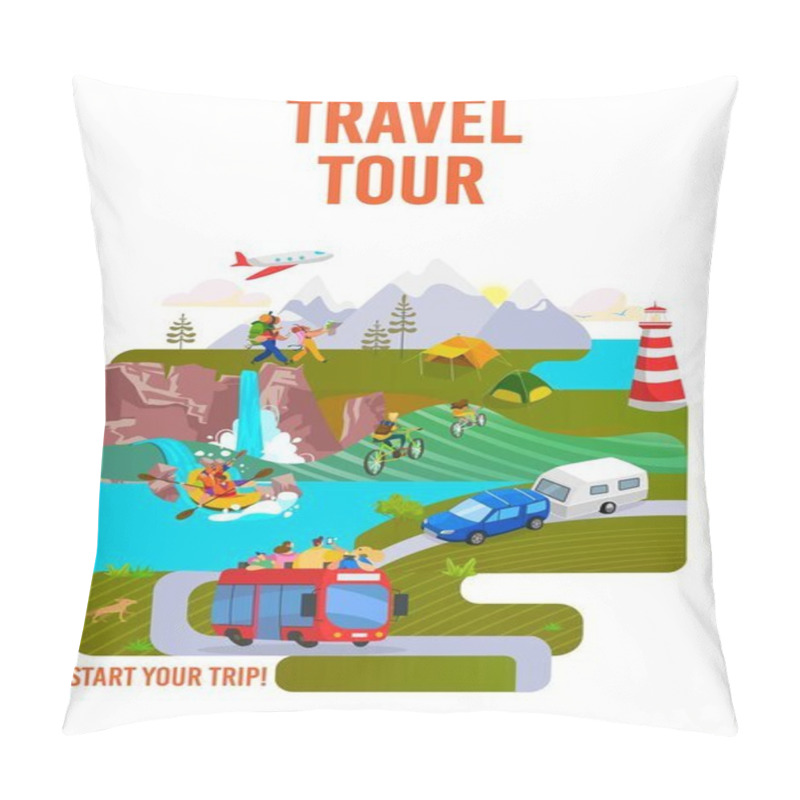 Personality  Travel, Tour, Journey To World, Travelling And Vacation On Holiday Poster, Vector Illustration. Hiking And Road Trip. Tourism. Pillow Covers