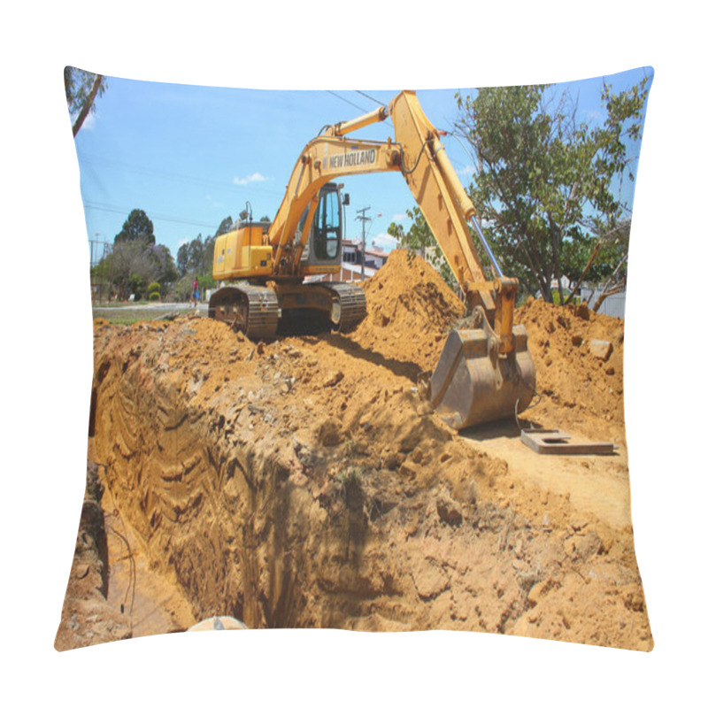 Personality  Vitoria Da Conquista, Bahia, Brazil - September 15, 2011: Backhoe Machine Working In A Ditch To Implement A Sewage Network. Pillow Covers