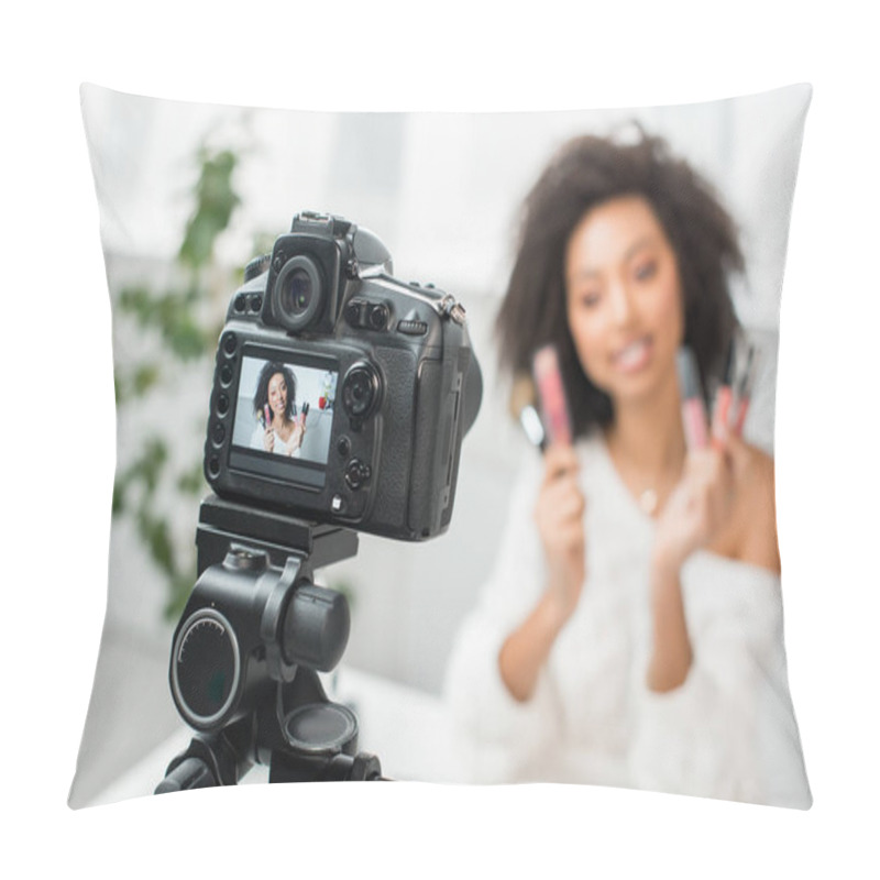 Personality  Selective Focus Of Digital Camera With Curly African American Video Blogger In Braces Holding Lip Glosses On Display  Pillow Covers